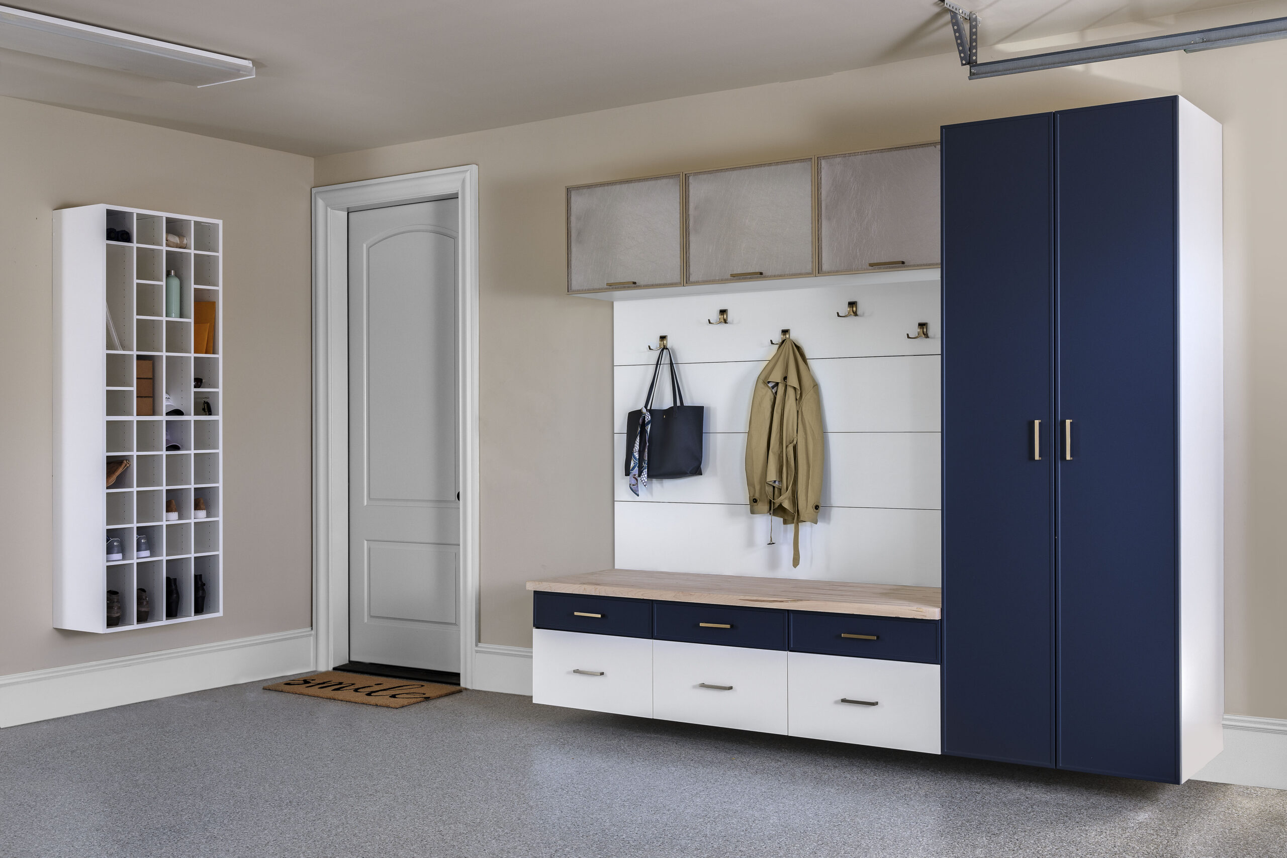 White-and-Galaxy-Slim-Shaker-with-Lift-Up-Metal-Doors-Mudroom-Jun-2020