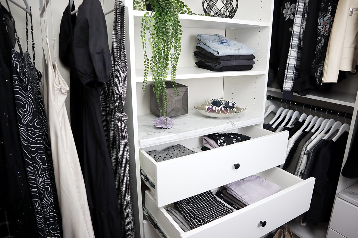 white closet with marble countertop drawers in ottawa