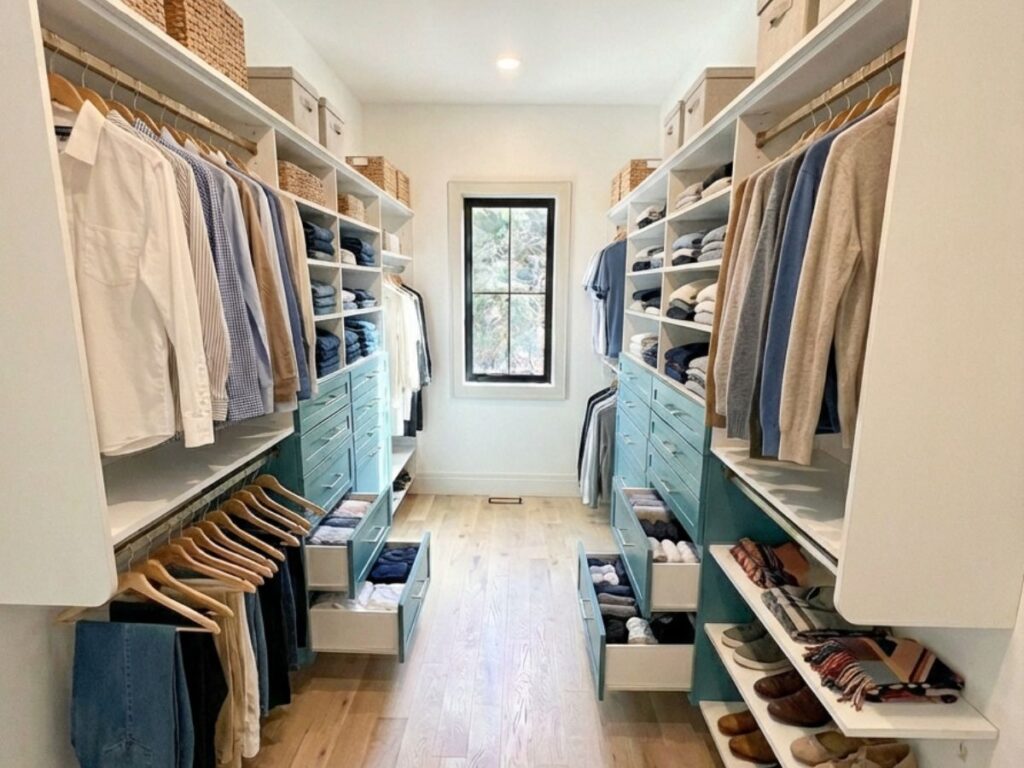 Custom walk-in closet in Ottawa with built-in shelving, drawers, and hanging storage designed for everyday use